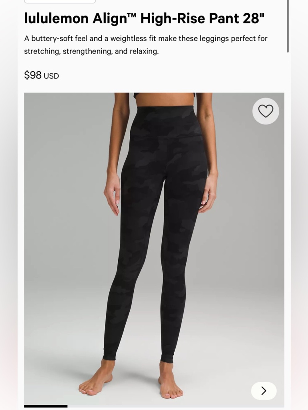 lululemon align Black gray Camo Leggings Size 6 inseam 28”